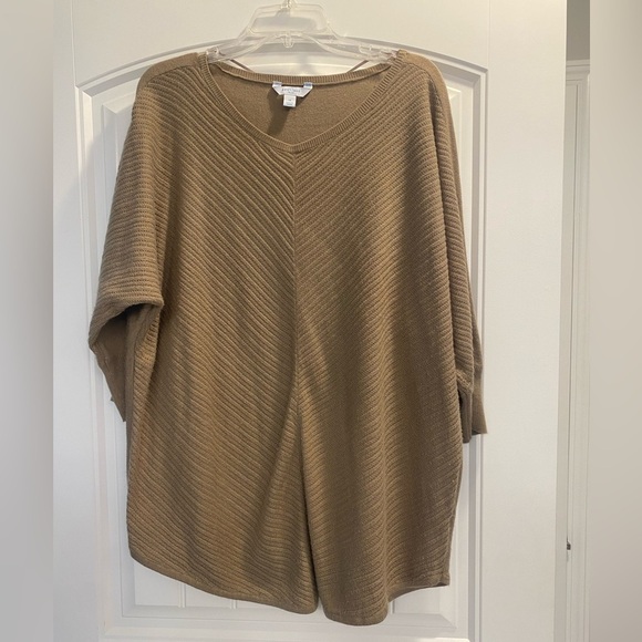 BOUTIQUE PLUS NUDE neutral tan 3/4 SLEEVE ROUND NECK THIN SWEATER TOP SIZE 1X - Picture 1 of 8